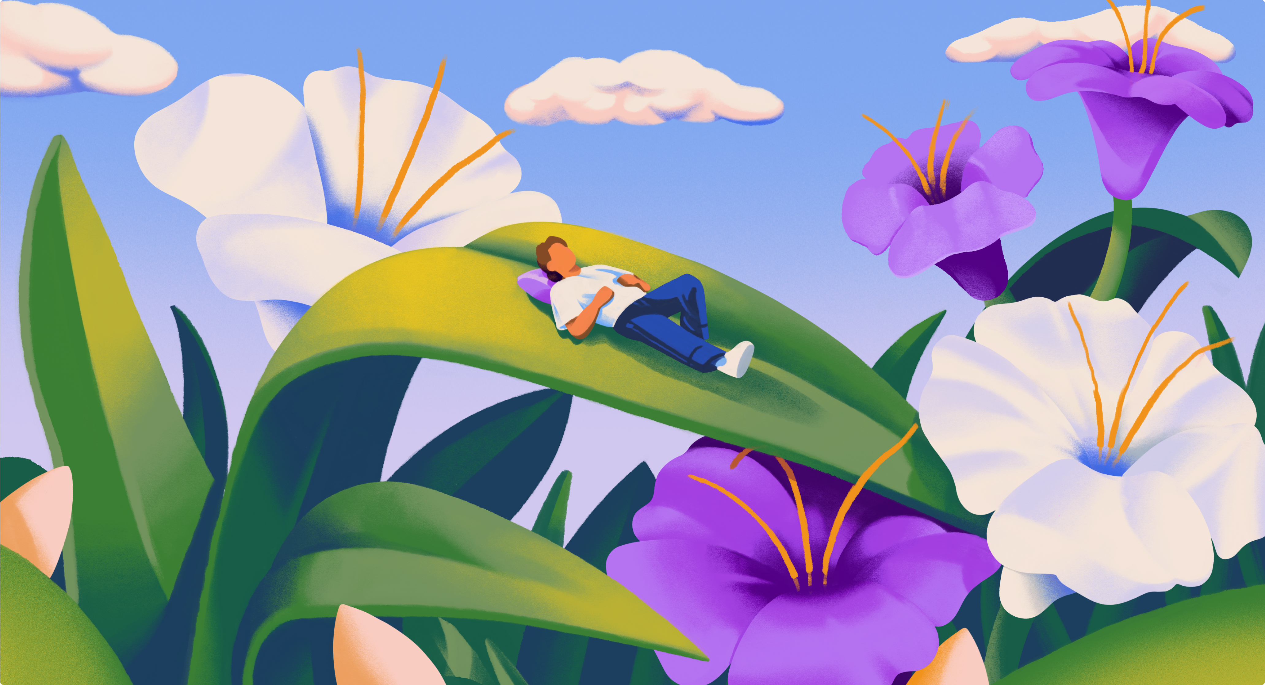 Ilustração em tons de roxo e verde de uma jardim com flores e um homem bem pequeno está deitado em cima de uma folha.