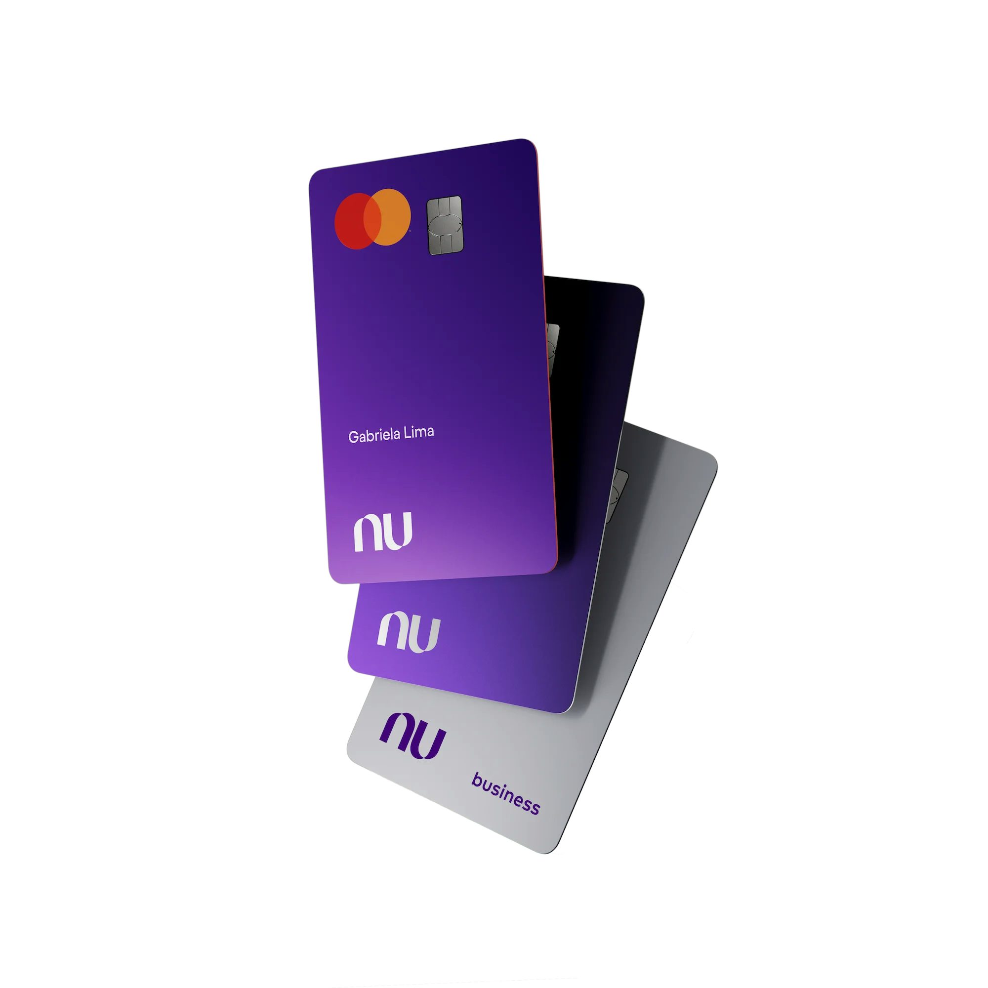 Conjunto de cartões de crédito Nubank sobrepostos, incluindo cartão PJ e Ultravioleta, em tons de roxo e cinza.
