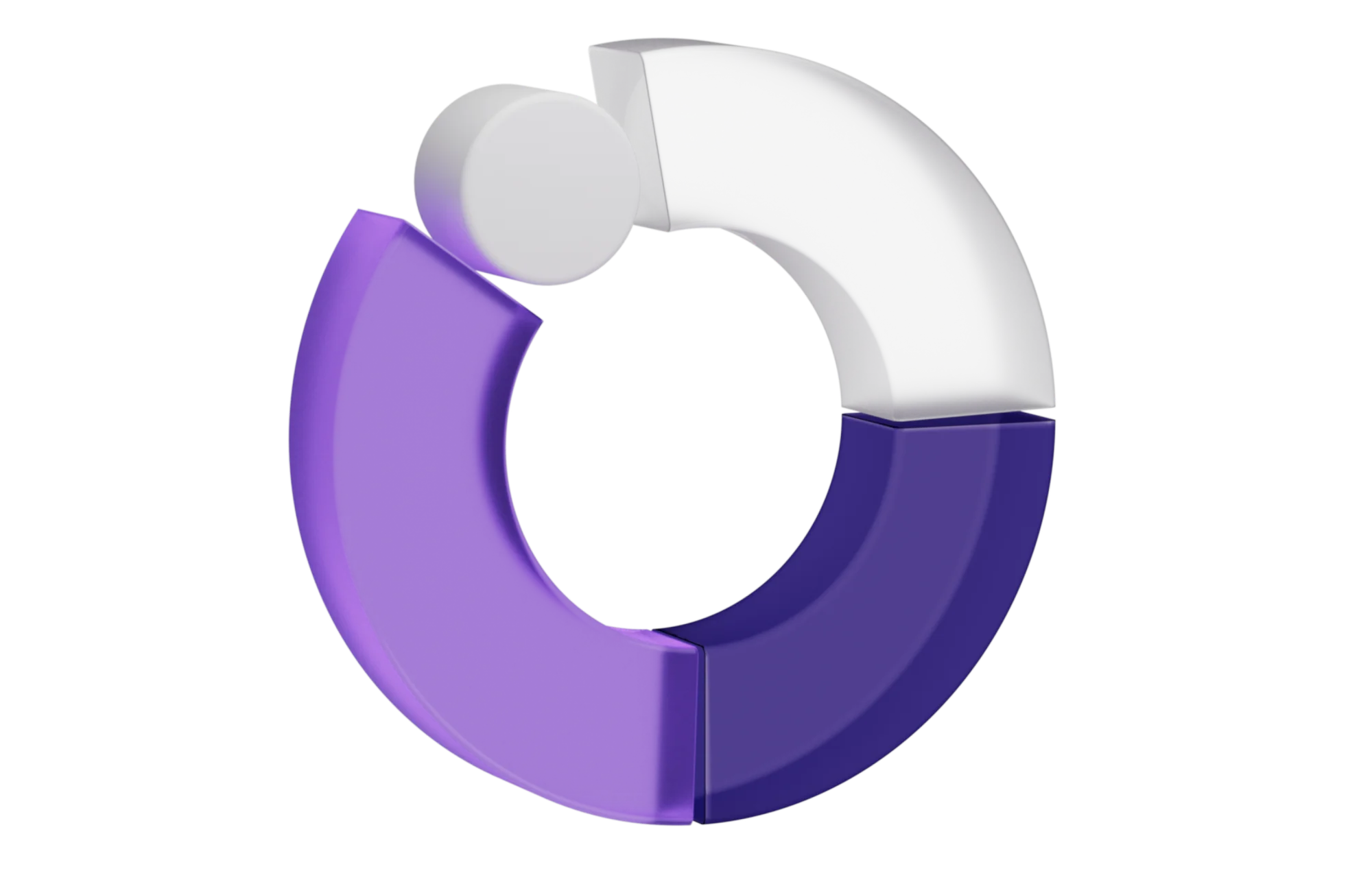 Gráfico circular tridimensional com três segmentos: um cinza claro, um roxo escuro e um roxo claro. No topo, há um pequeno círculo cinza claro. O fundo é transparente.