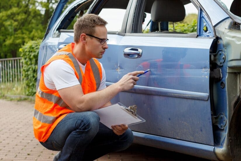 A Man In An Orange Vest Taking Notes Of All The Damages On A Car