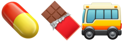 A pill emoji, a candy bar emoji, and a bus emoji.