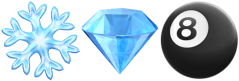 A snowflake emoji, a diamond emoji, a magic eight-ball emoji.