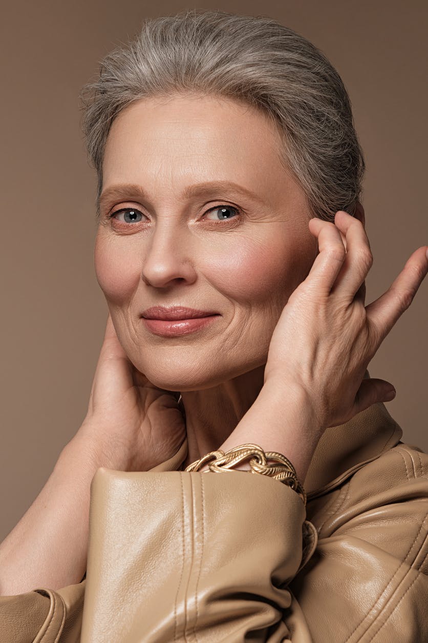 Older woman with gray hair smiles at camera in a studio shoot. Her definited jaw line, and tight skin emulates the potential results of a Nashville Facelift with Dr. Higdon