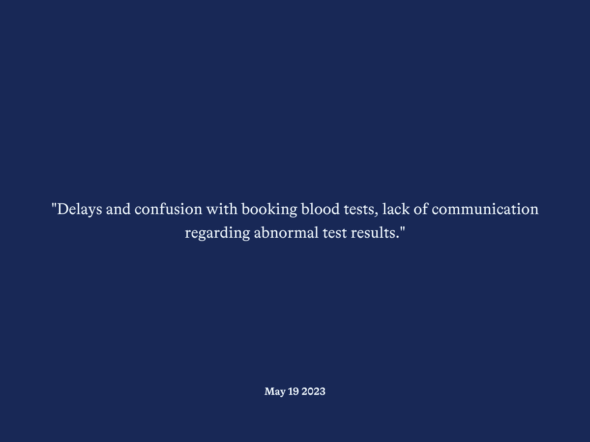 "Delays and confusion with booking blood tests, lack of communication regarding abnormal test results."
