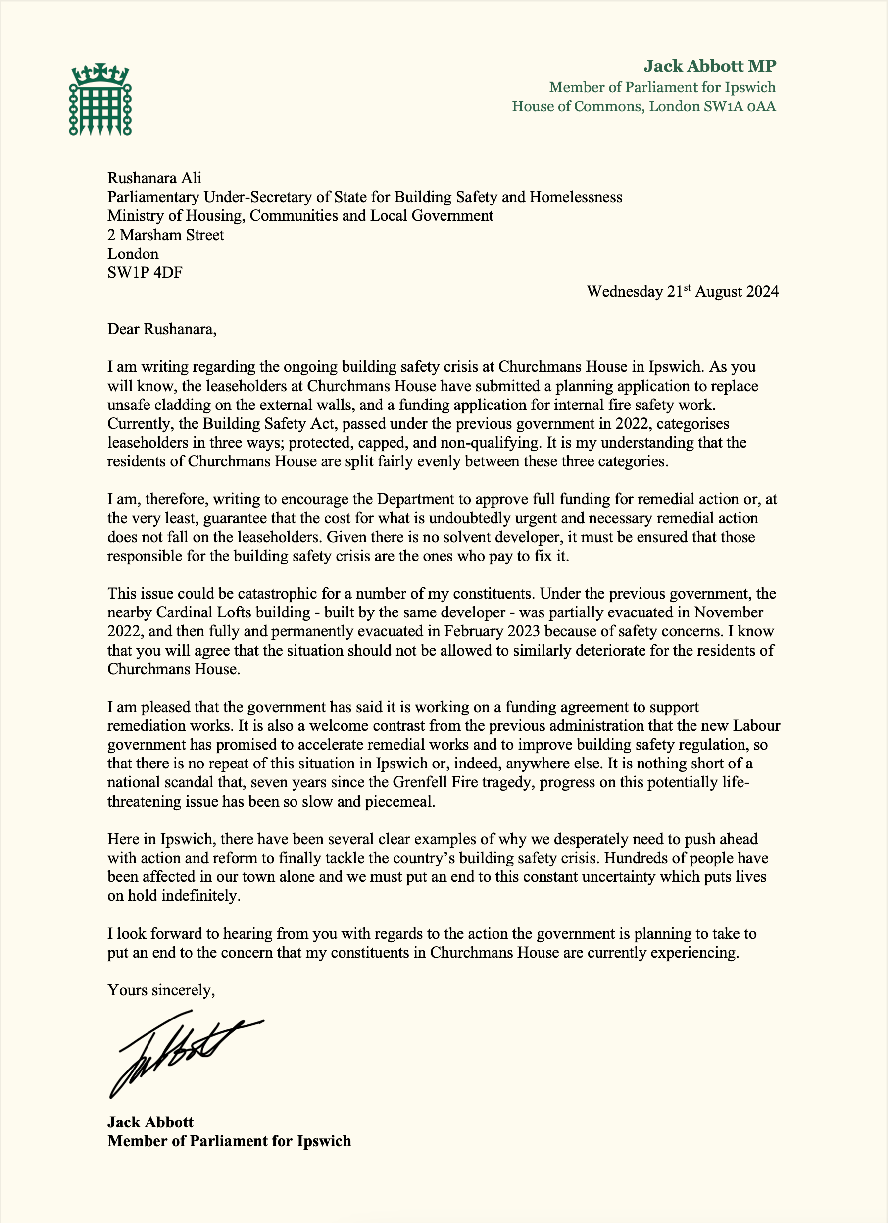 A letter from Jack Abbott to Rushanara Ali, Parliamentary Under-Secretary of State for Building Safety and Homelessness (full transcript at the bottom of the article)