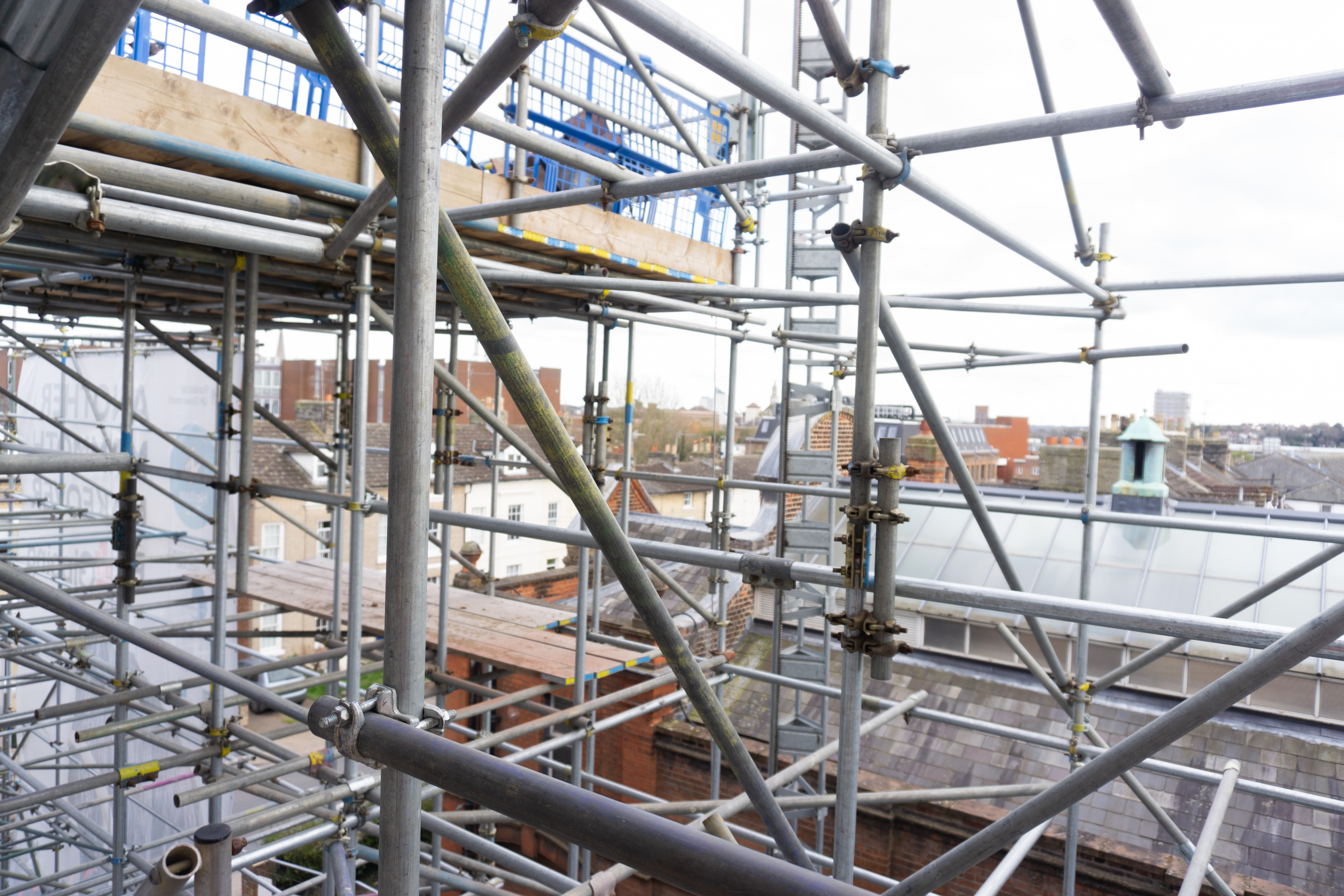Looking out to town from inside the scaffolding at Ipswich Museum