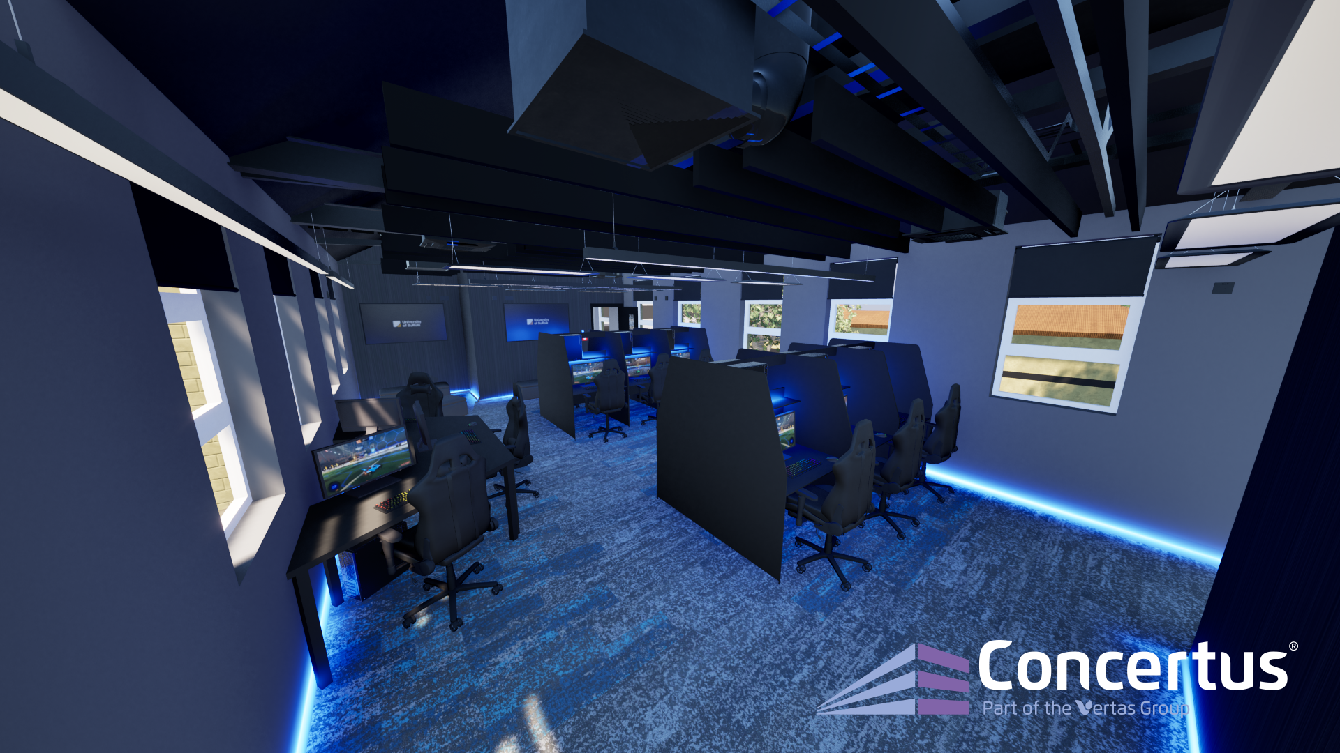 Renders of the interior of the new eSports facility atthe University of Suffolk