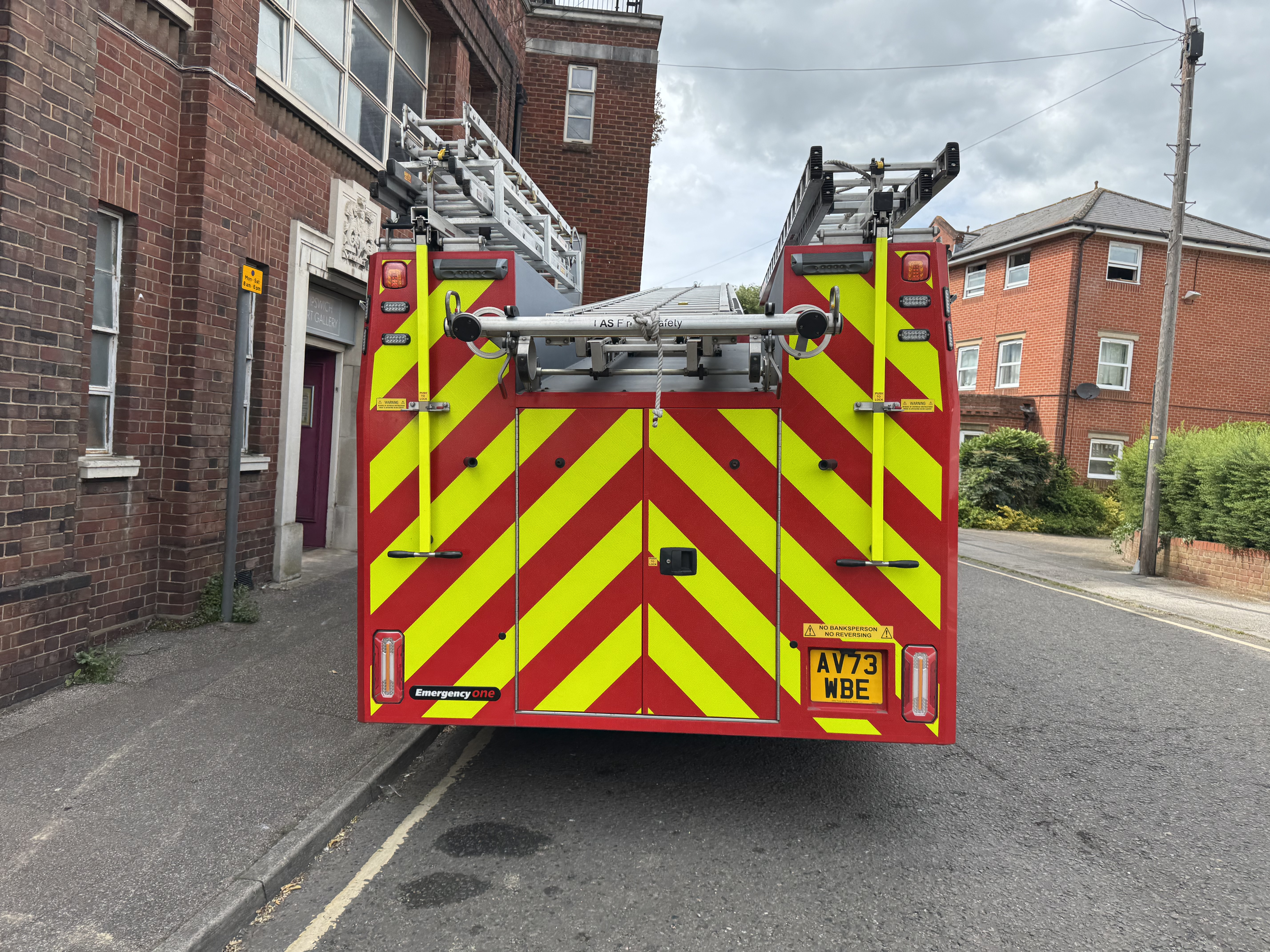 A fire engine outside Ipswich Art Gallery, near Ipswich Museum