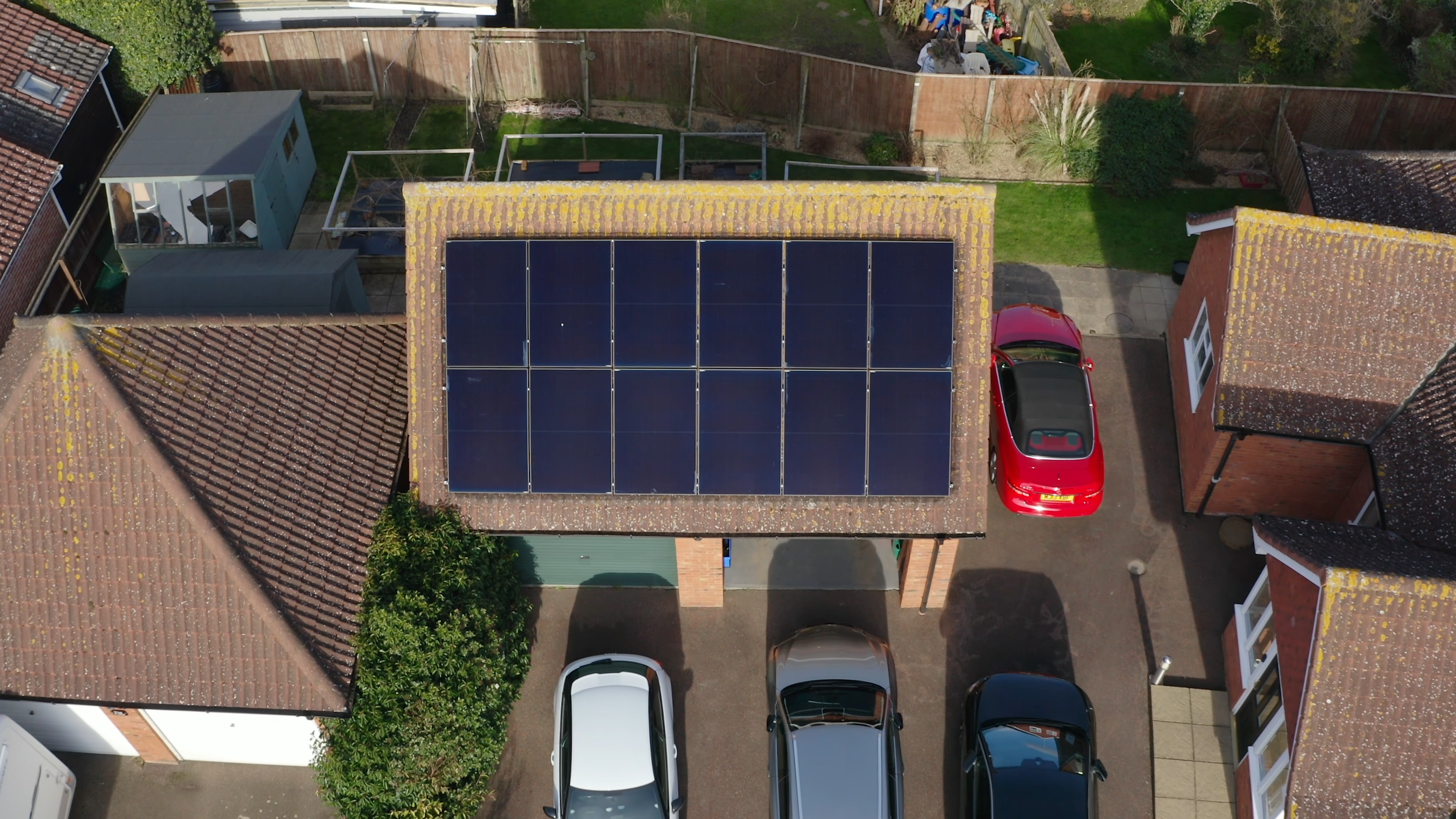 Drone shot of a domestic solar installation on a carport by Insight Energy