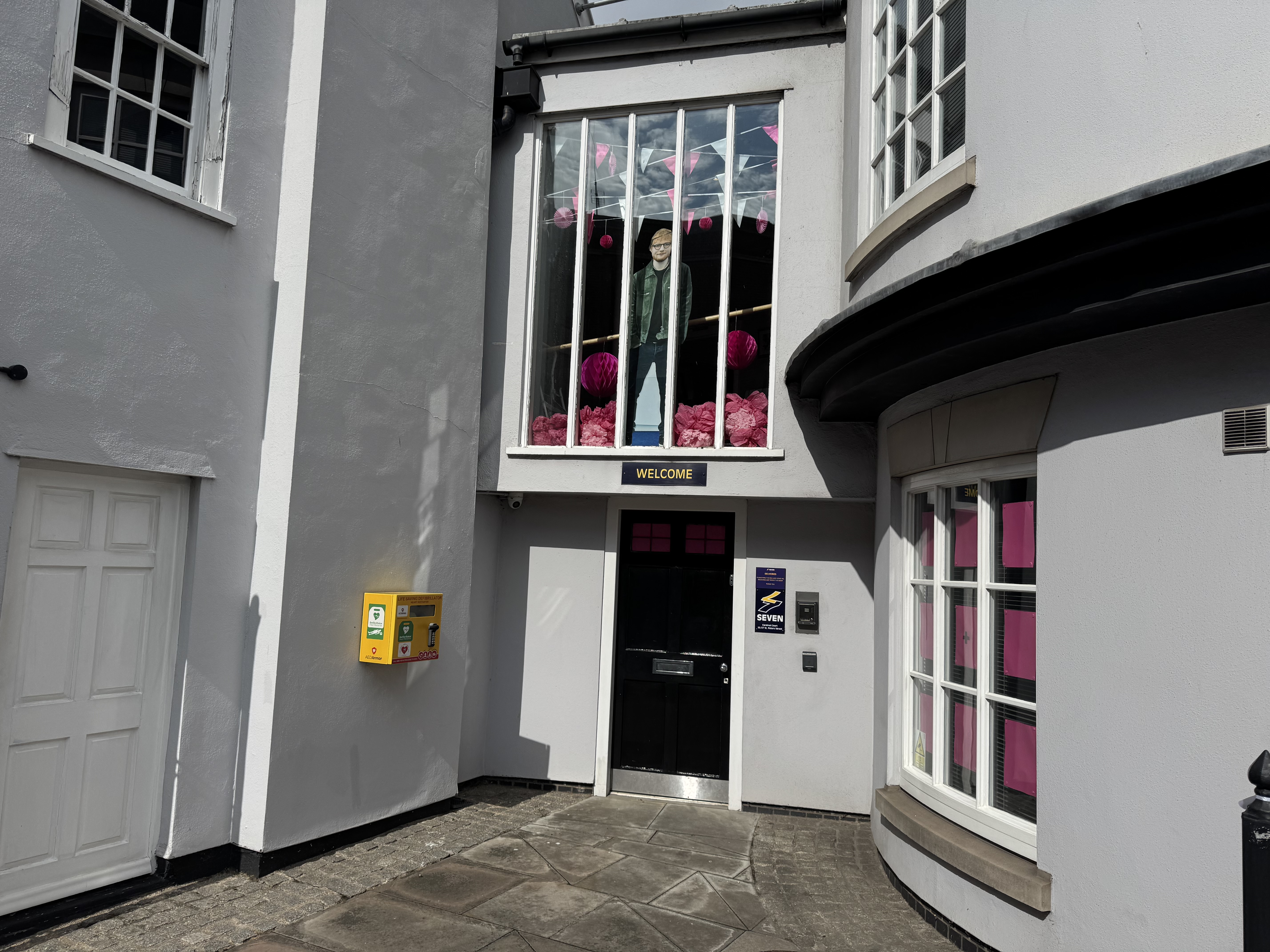 Seven has opted for a lifesize Sheeran cutout, pink bunting and window posters