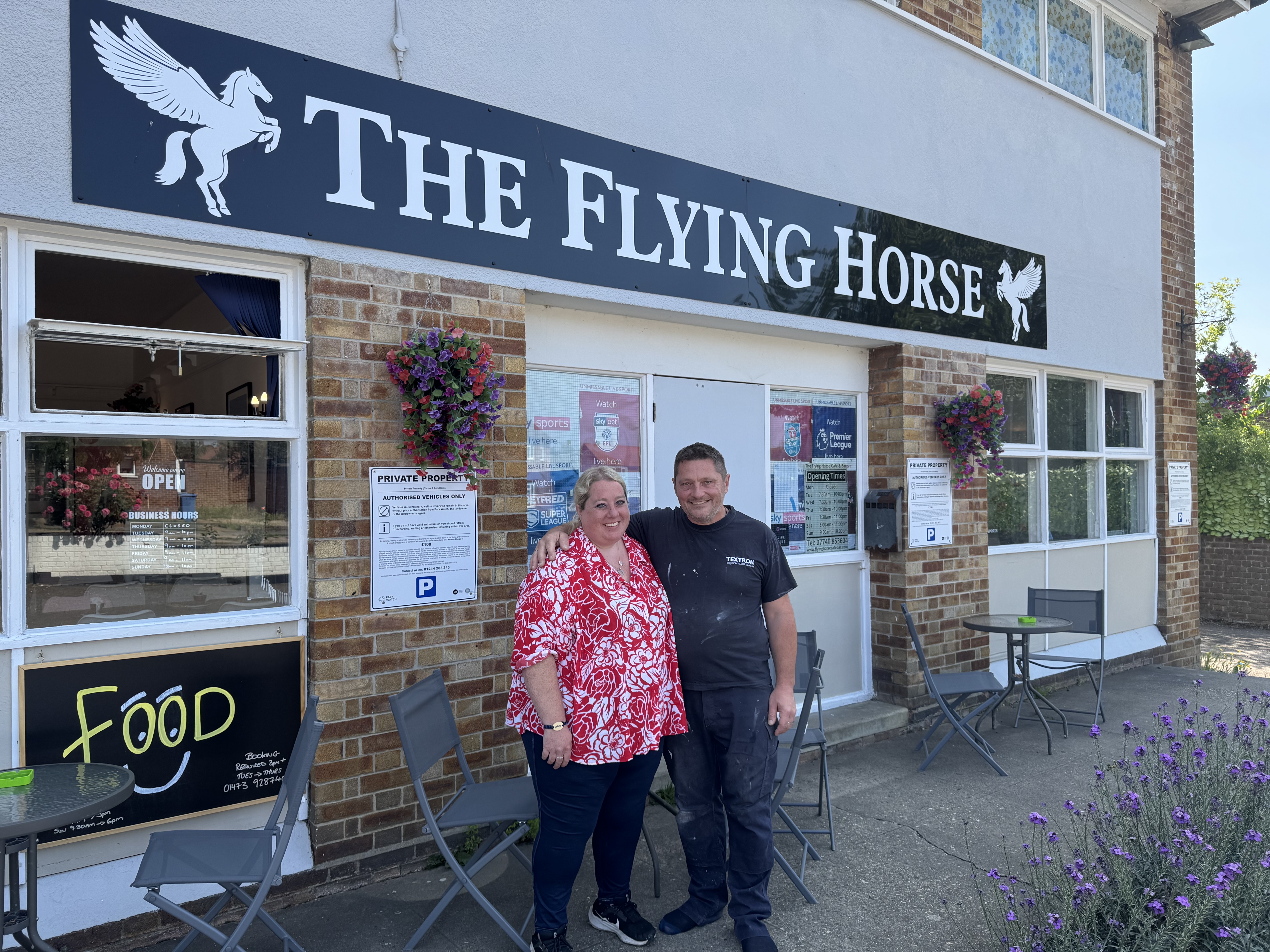 Owners Sarah and Guilio outside The Flying Horse in Ipswich