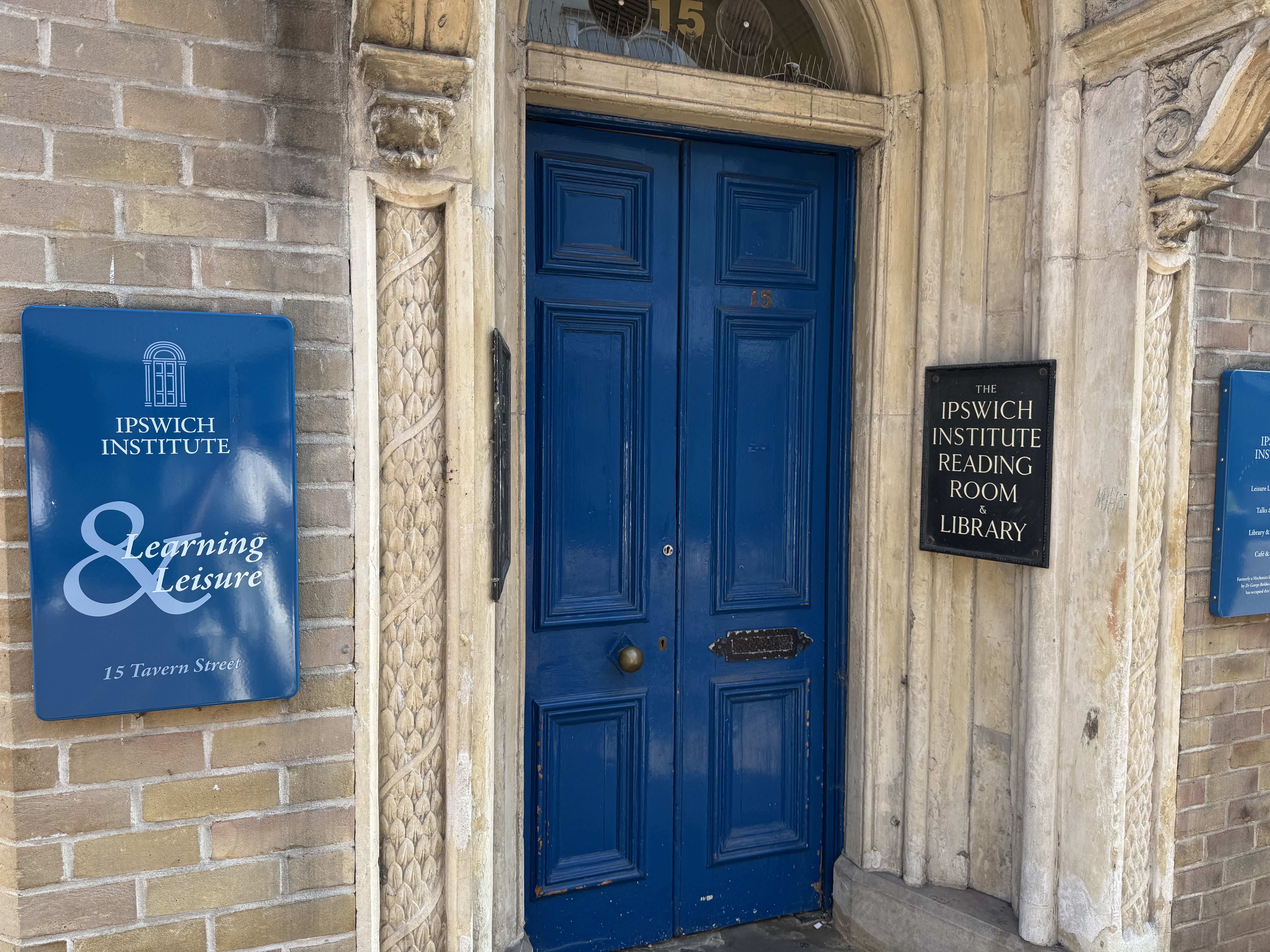 The discreet entrance to the Ipswich Institute Reading Room & Library on Tavern Street