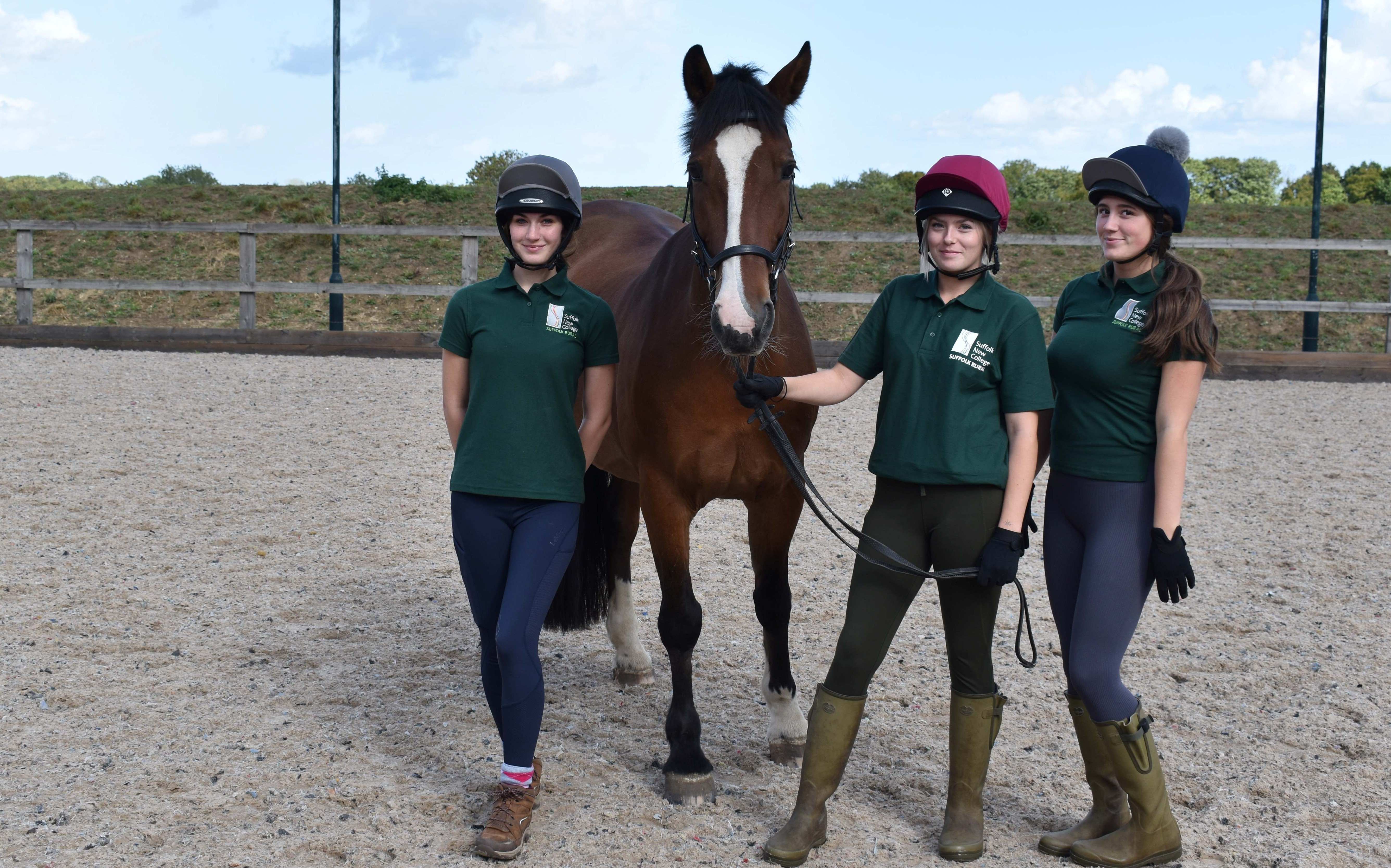 Chloe Milton, Olivia Fairs and India Yule with new horse Quinn at Suffolk Rural