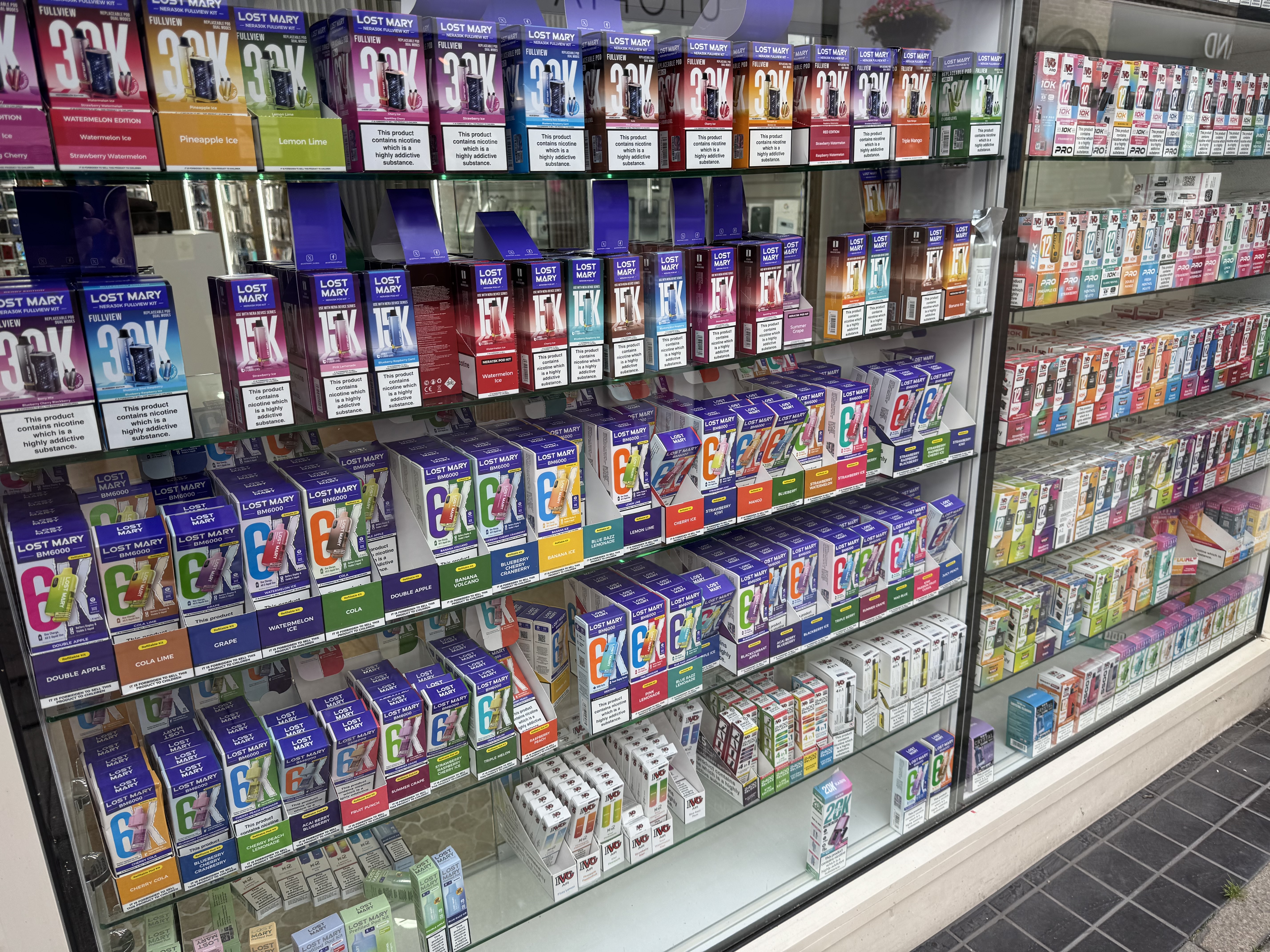 Vapes lining the window of one of Ipswich's many high street vape stores