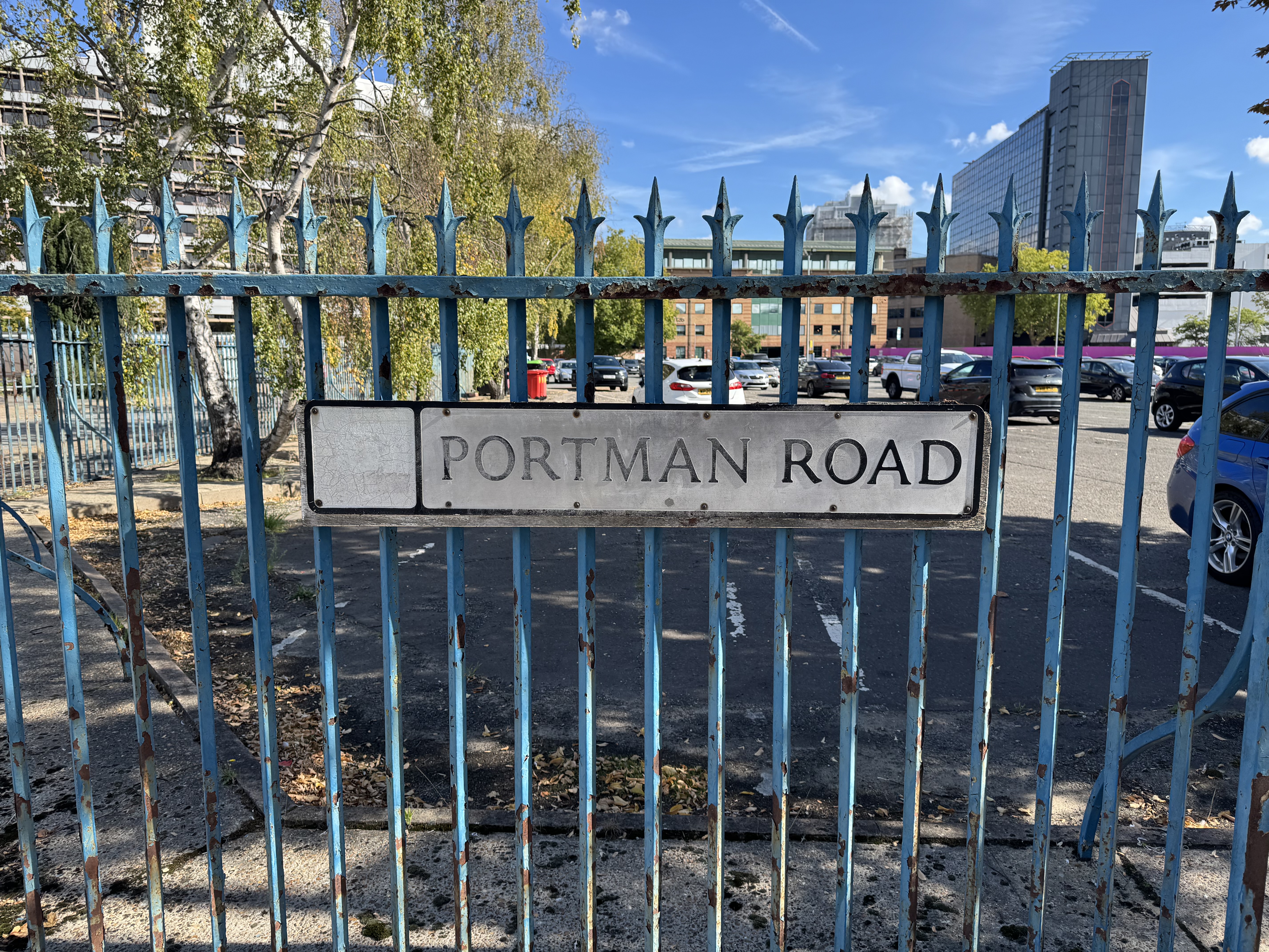 Portman Road sign on one of the Portman Road car park fences