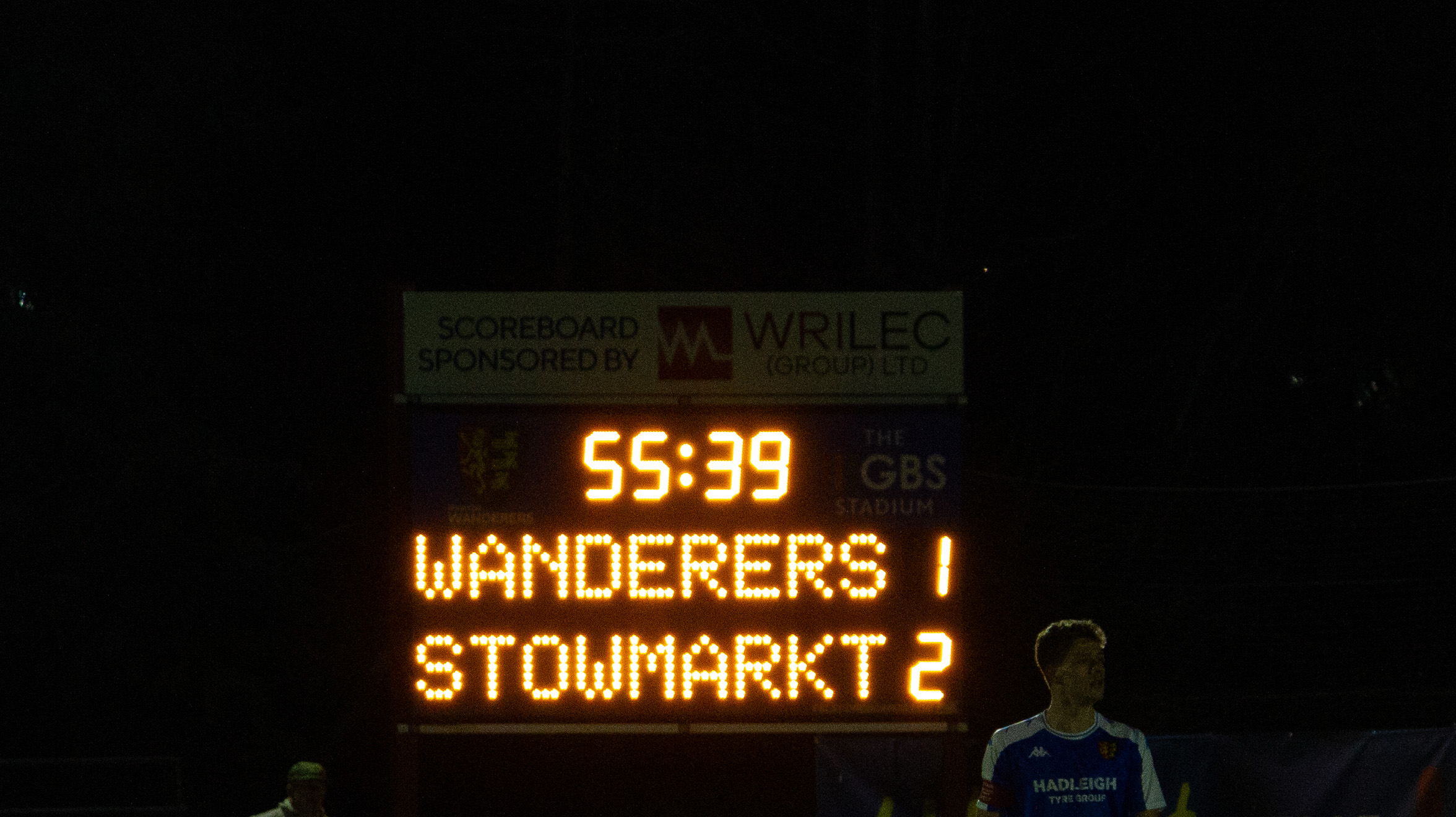 Scoreboard reading Ipswich Wanderers 1 - 2 Stowmarket Town