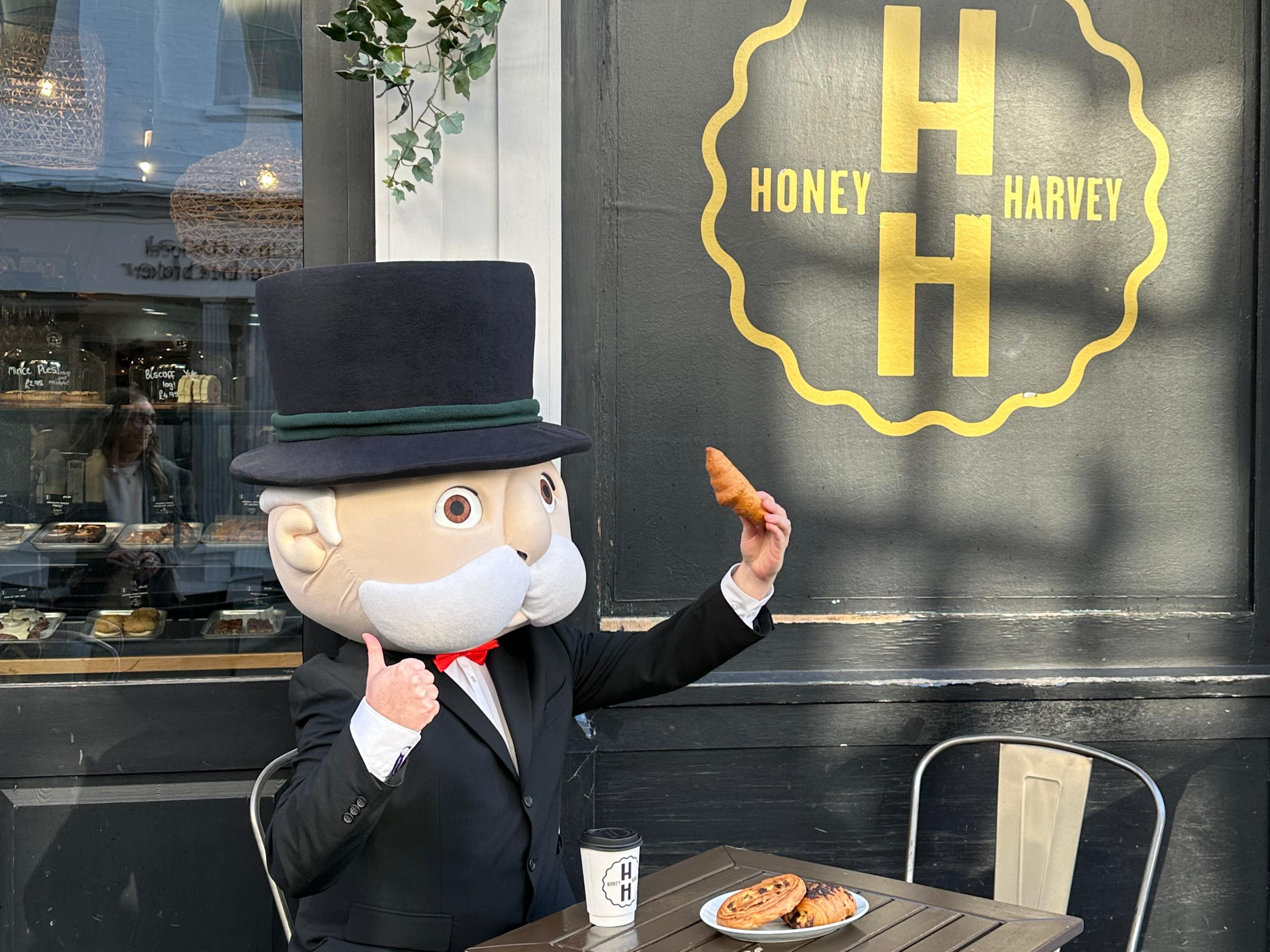 Mr Monopoly was spotted enjoying a pastry (or three) at Honey + Harvey