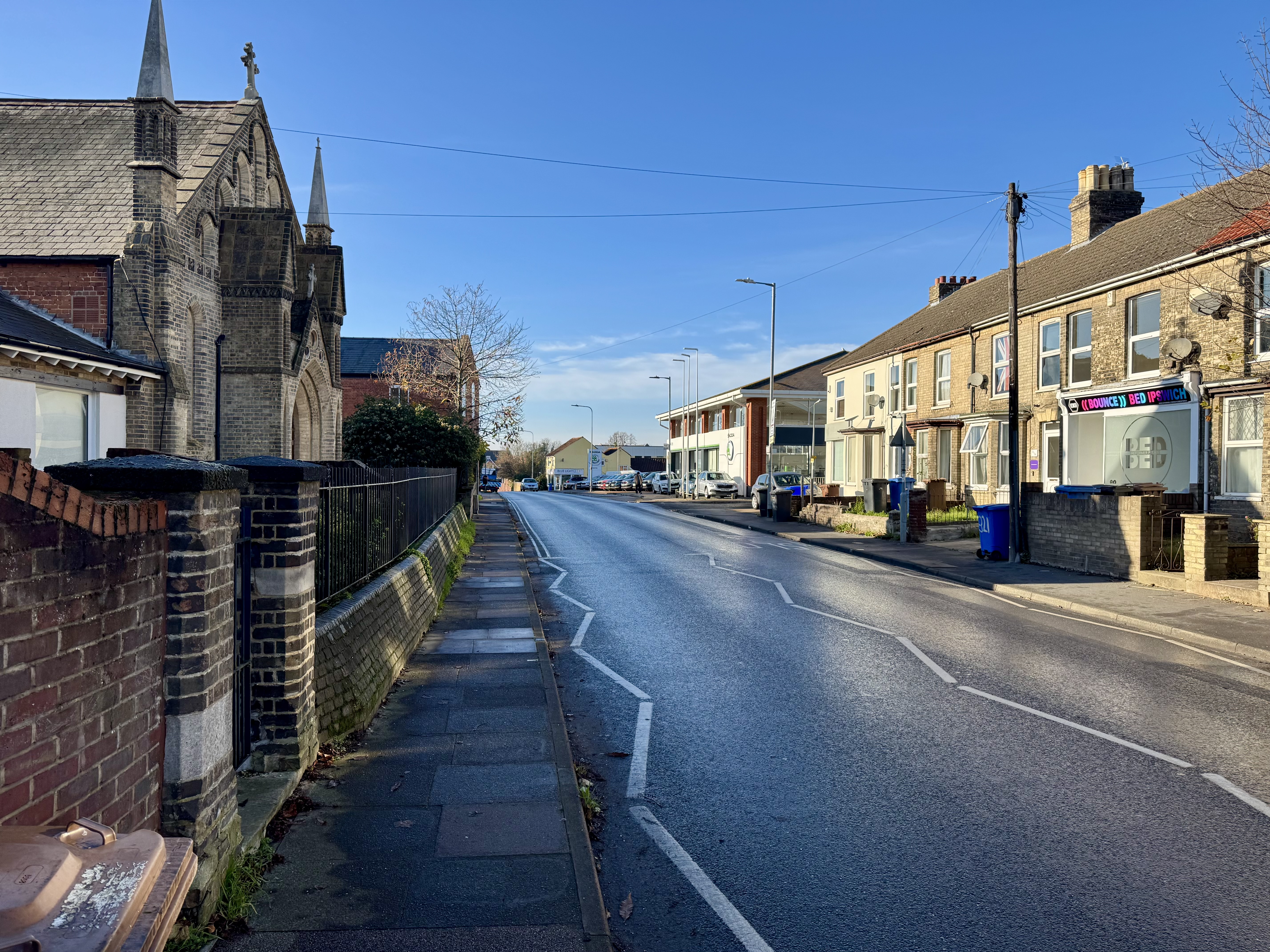 Woodbridge Road on a bright winter's day in Ipswich