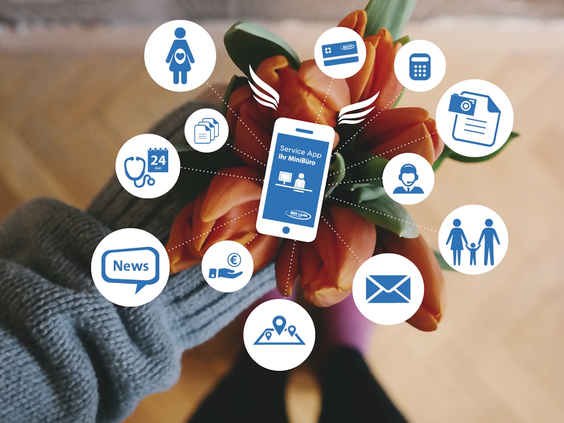 Tulpenstrauss mit App Symbolen BKK Linde Service-App
