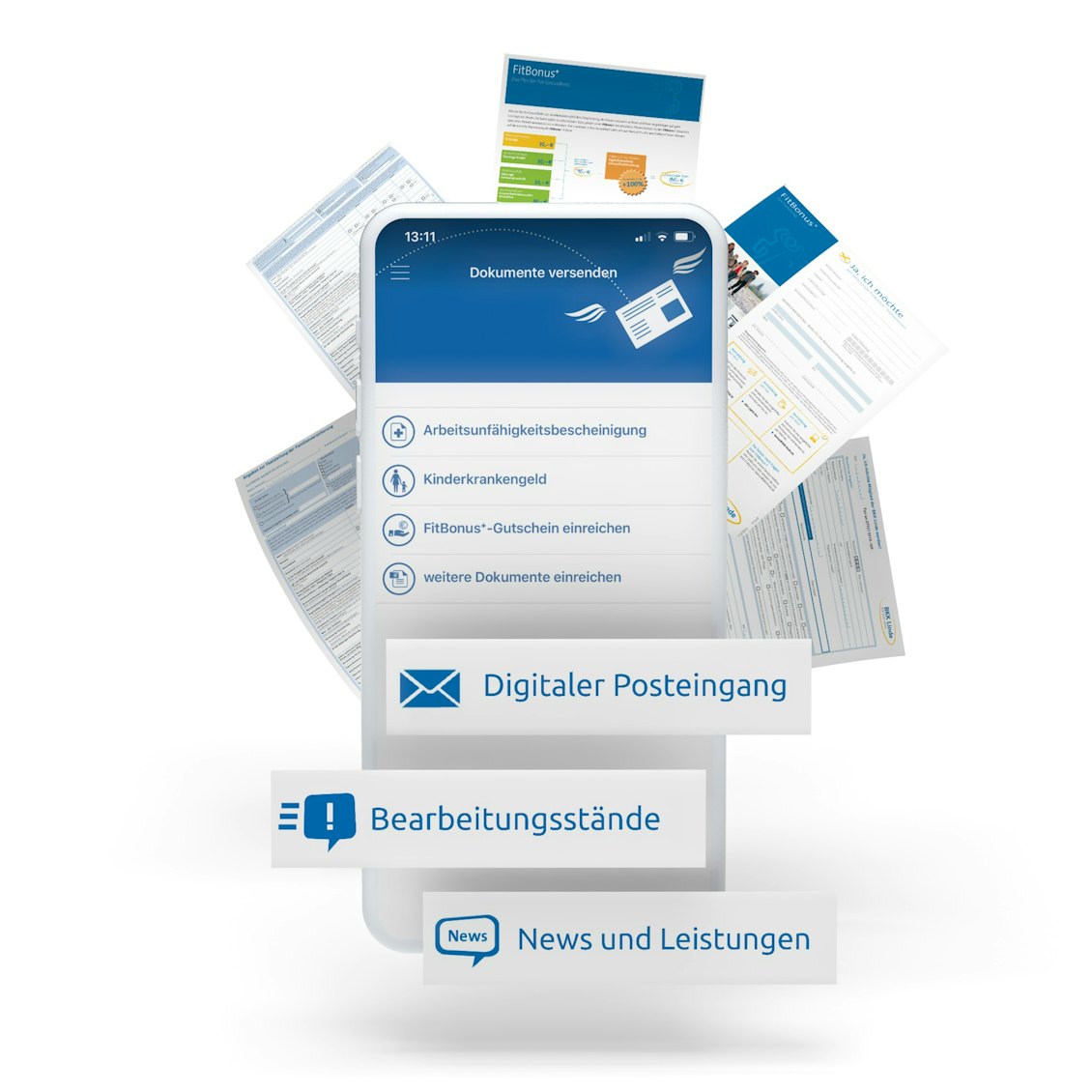 Grafik mit Screenshots Service App Grafik mit Screenshots der BKK Linde Service App zur Veranschaulichung der Funktionen