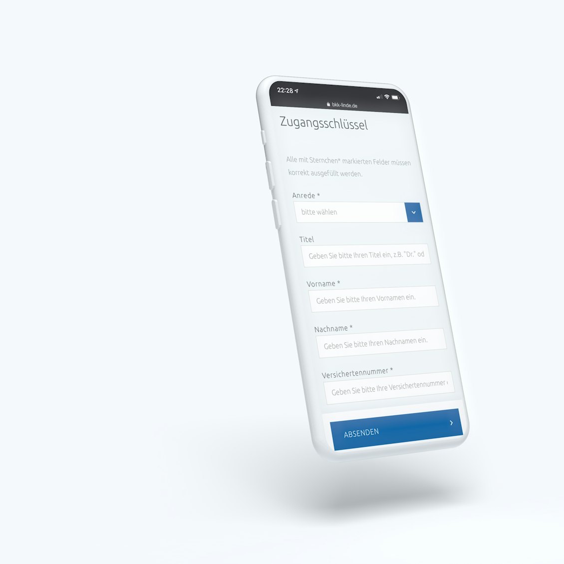 Service App Screenshot Zugangsschlüssel Screenshot der BKK Linde Service App mit Screen zum Thema Zugangsschlüssel