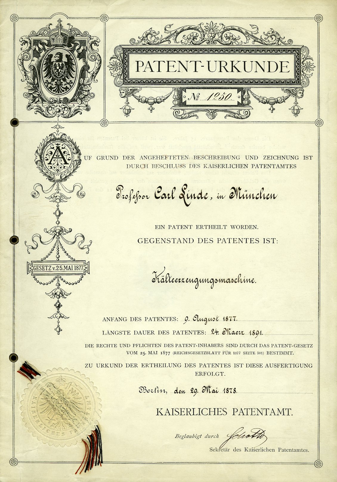 Historische Patenturkunde der Käteerzeugungsmaschine von Carl Linde 