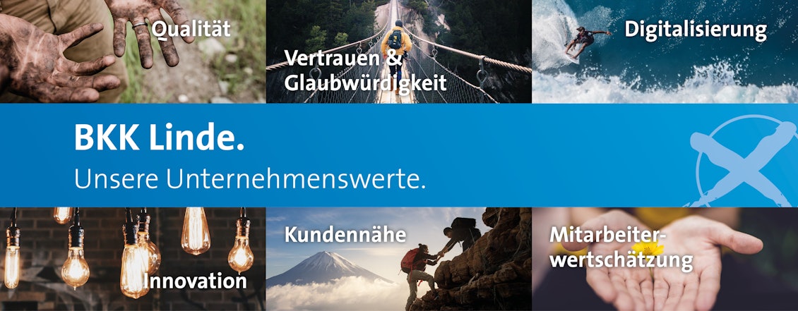 Unternehmenswerte der BKK Linde Bildcollage der verschiedenen Unternehmenswerte der BKK Linde