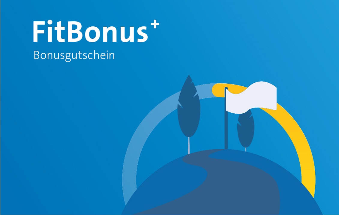 Grafik Bonusgutschein FitBonus+ Blaue Grafik mit der Aufschrift FitBonus+ - Bonusgutschein