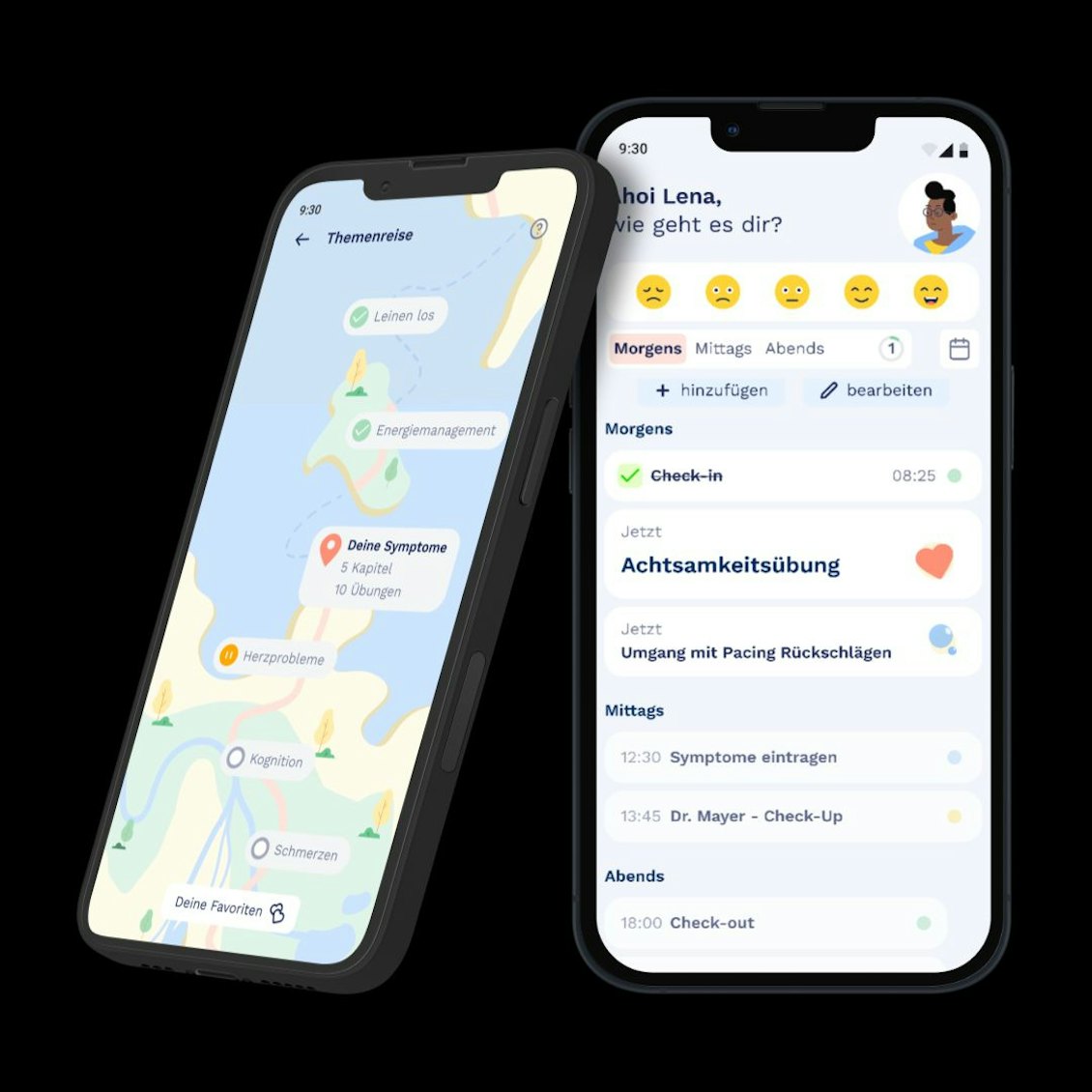 Screenshot FIMO Health App Zwei Screenshots der FIMO Health App
