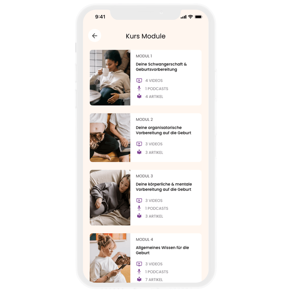 keleya Kursmodule Verfügbare Kursmodule im Bereich Geburtsvorbereitung in der keleya-App.