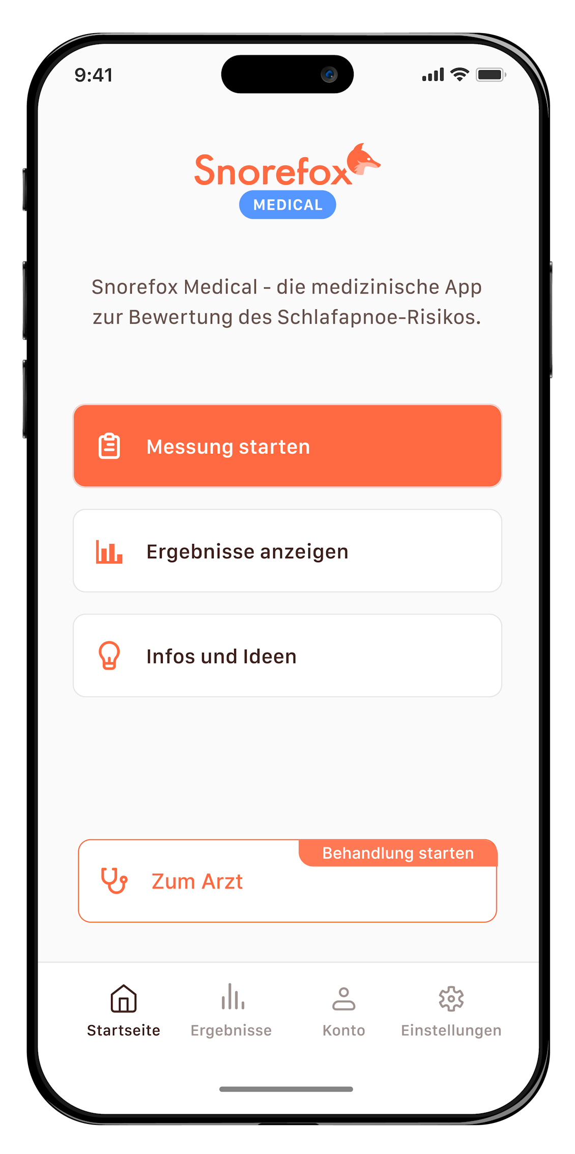Mockup App Snorefox Screenshot der Startseite in der App Snorefox