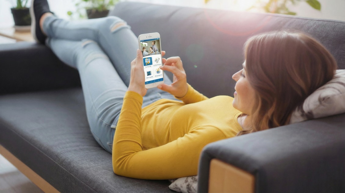 Frau mit Smartphone auf dem Sofa Frau mit Smartphone auf dem Sofa bei Nutzung der BKK Linde Service App