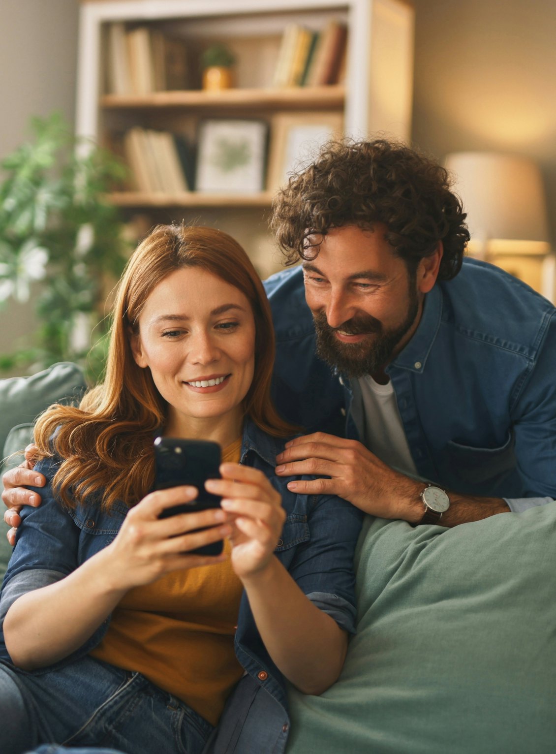 Junge Frau sitzt auf der Couch, ihr Partner steht hinter ihr. Beide schauen auf ein Smartphone. Paar schaut gemeinsam auf ein Smartphone.