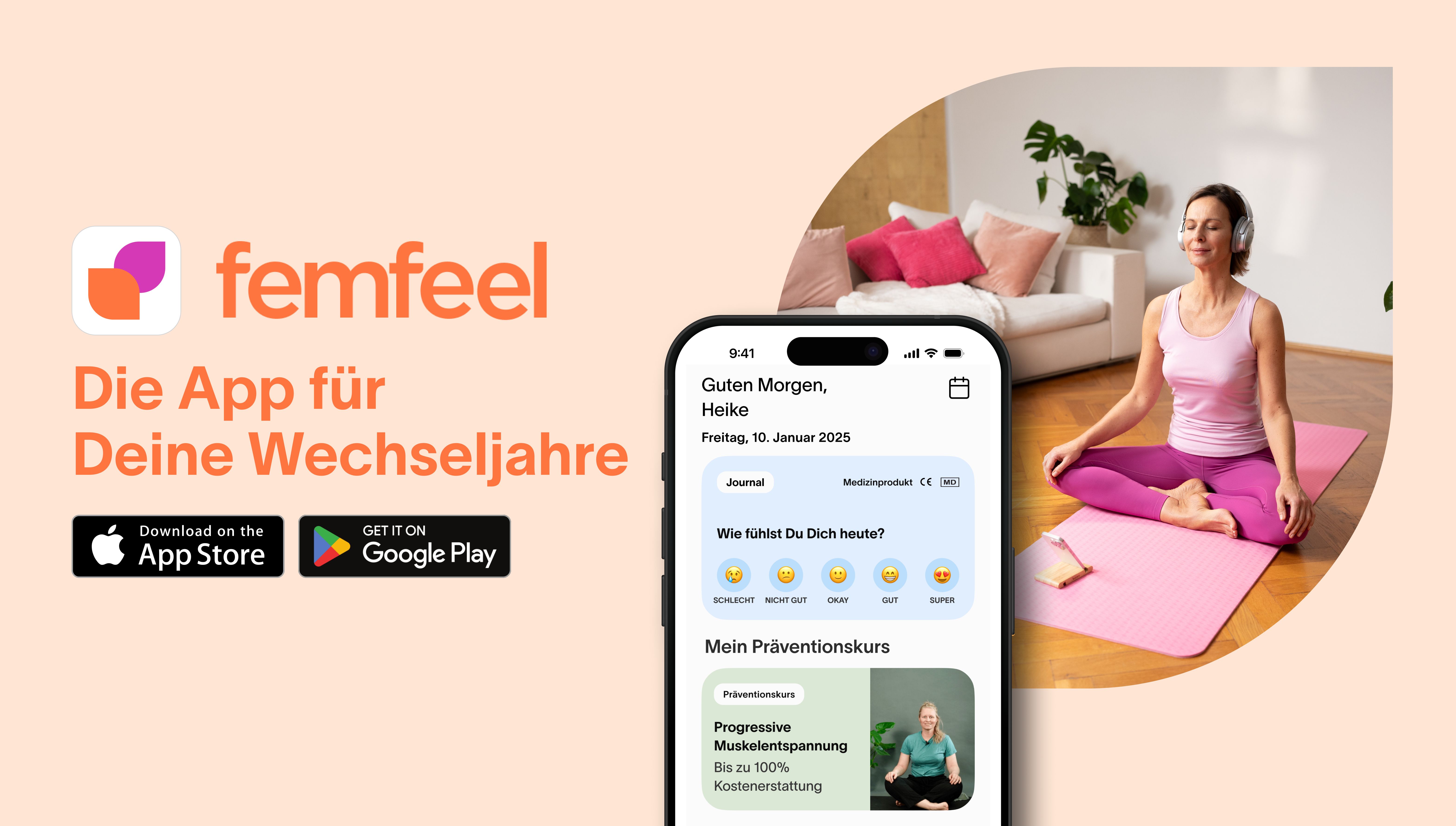 Grafik femfeel mit Buttons zum App Stores und Frau auf Yoga-Matte
