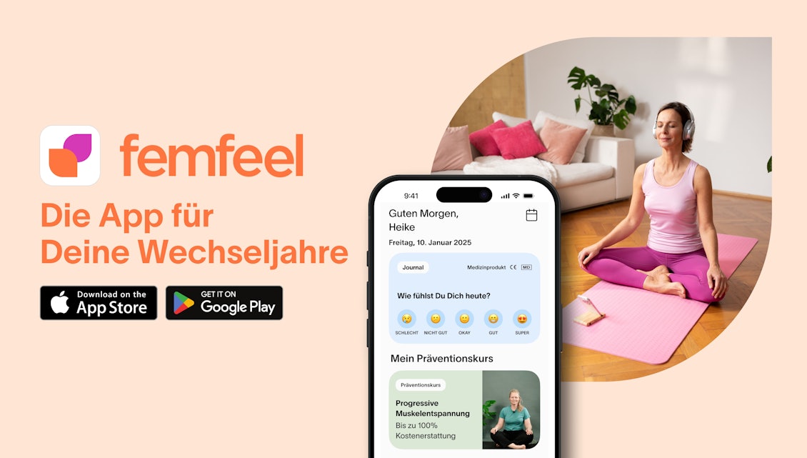 femfeel - die App für Wechseljahre Grafik femfeel mit Buttons zum App Stores und Frau auf Yoga-Matte