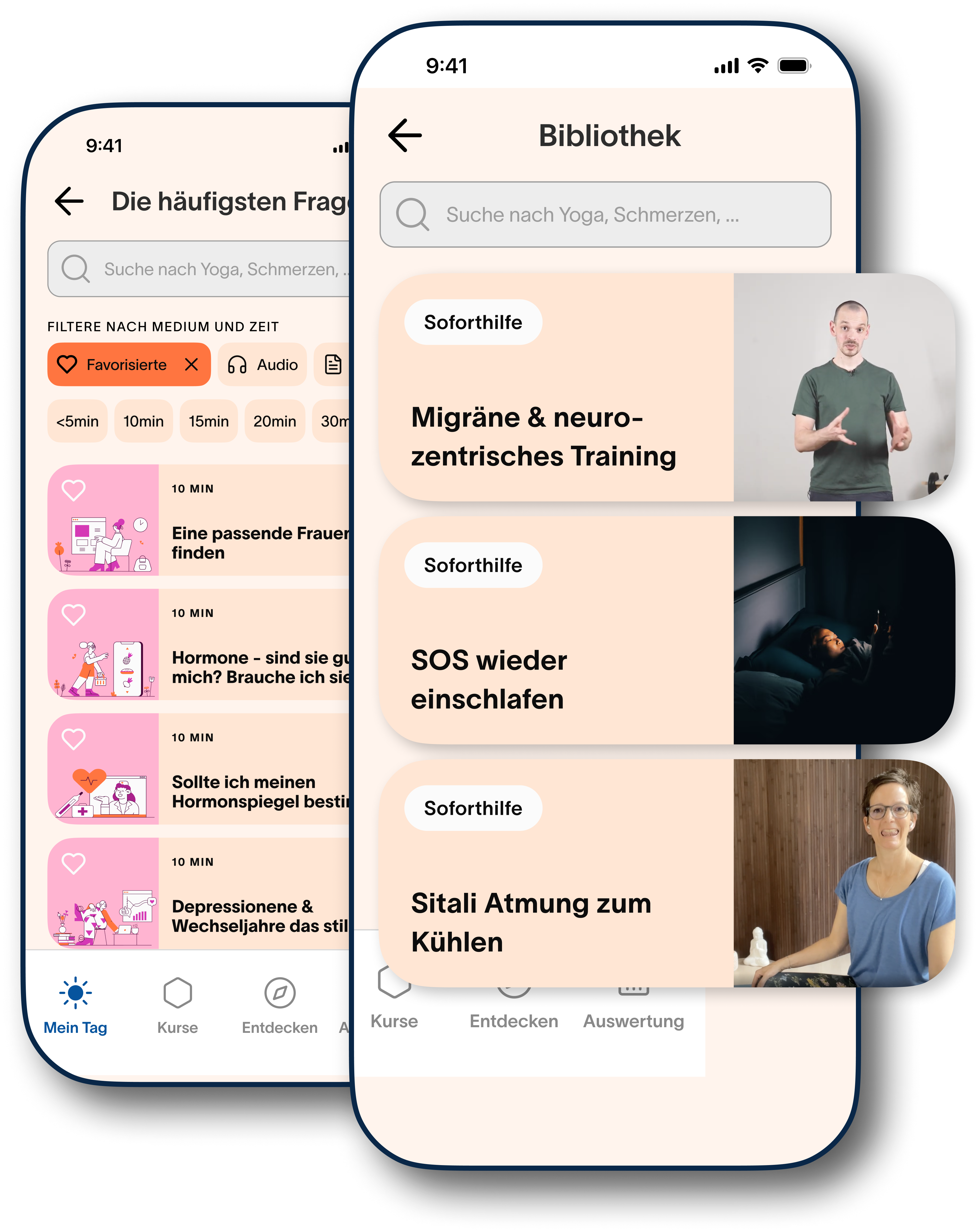 Mock-up der App femfeel mi Screens zur Bibliothek und FAQ