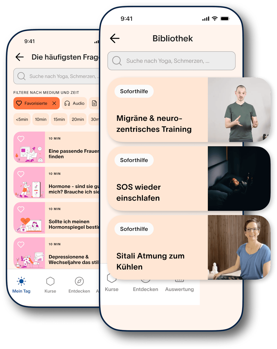 Screen femfeel App Bibliothek Mock-up der App femfeel mi Screens zur Bibliothek und FAQ