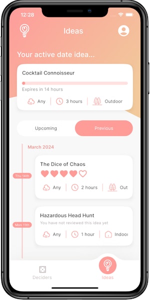 Screenshot of Kupl home screen, showing a number of date ideas the user has completed
