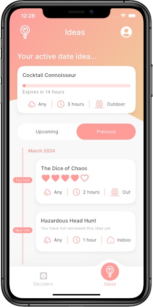 Screenshot of Kupl home screen, showing a number of date ideas the user has completed