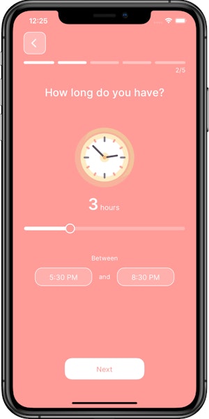 Screenshot showing date idea time selection screen