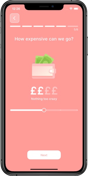 Screenshot showing date idea price selection screen