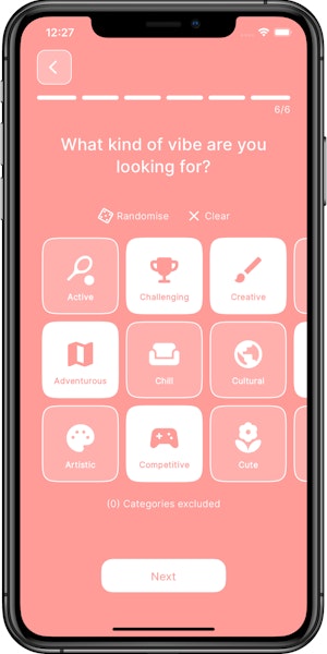 Screenshot showing date idea category selection screen