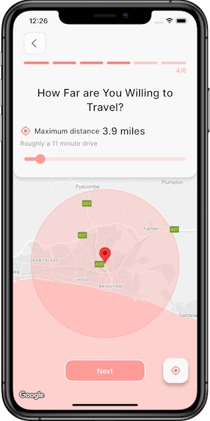 Screenshot showing date idea distance selection screen