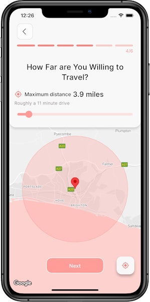 Screenshot showing date idea distance selection screen