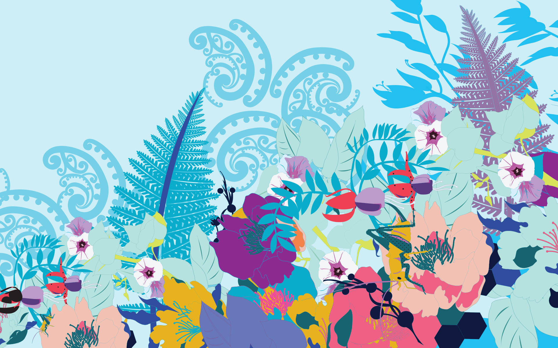 Floral mural design with kōwhaiwhai, Māori designs connected to nature.