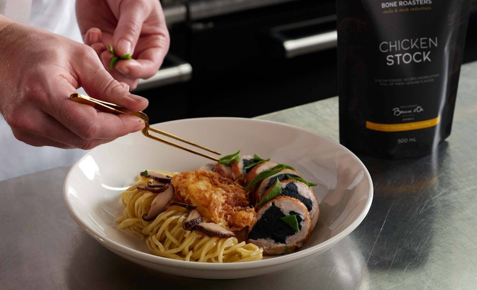 Roast chicken ramen, deep fried Hens egg, pickled shitake, Seaweed and