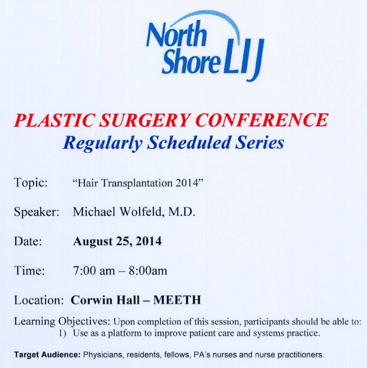 Lenox Hill Hospital - Hair Transplantation - Plastic Surgery Conference, New York City