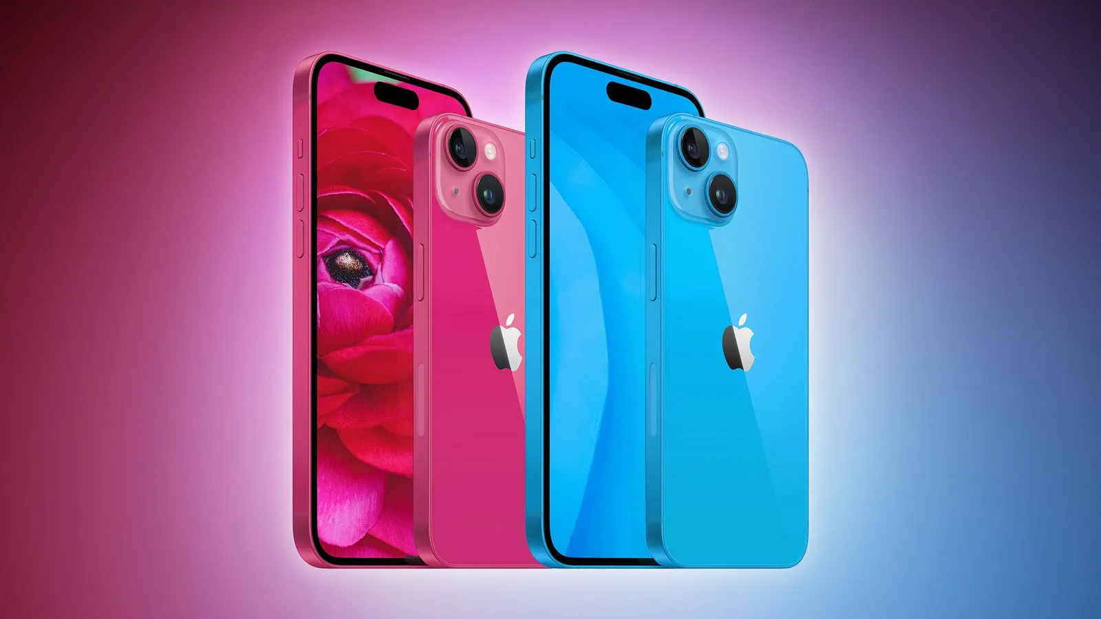 A rendering of two colourful iPhone 15's
