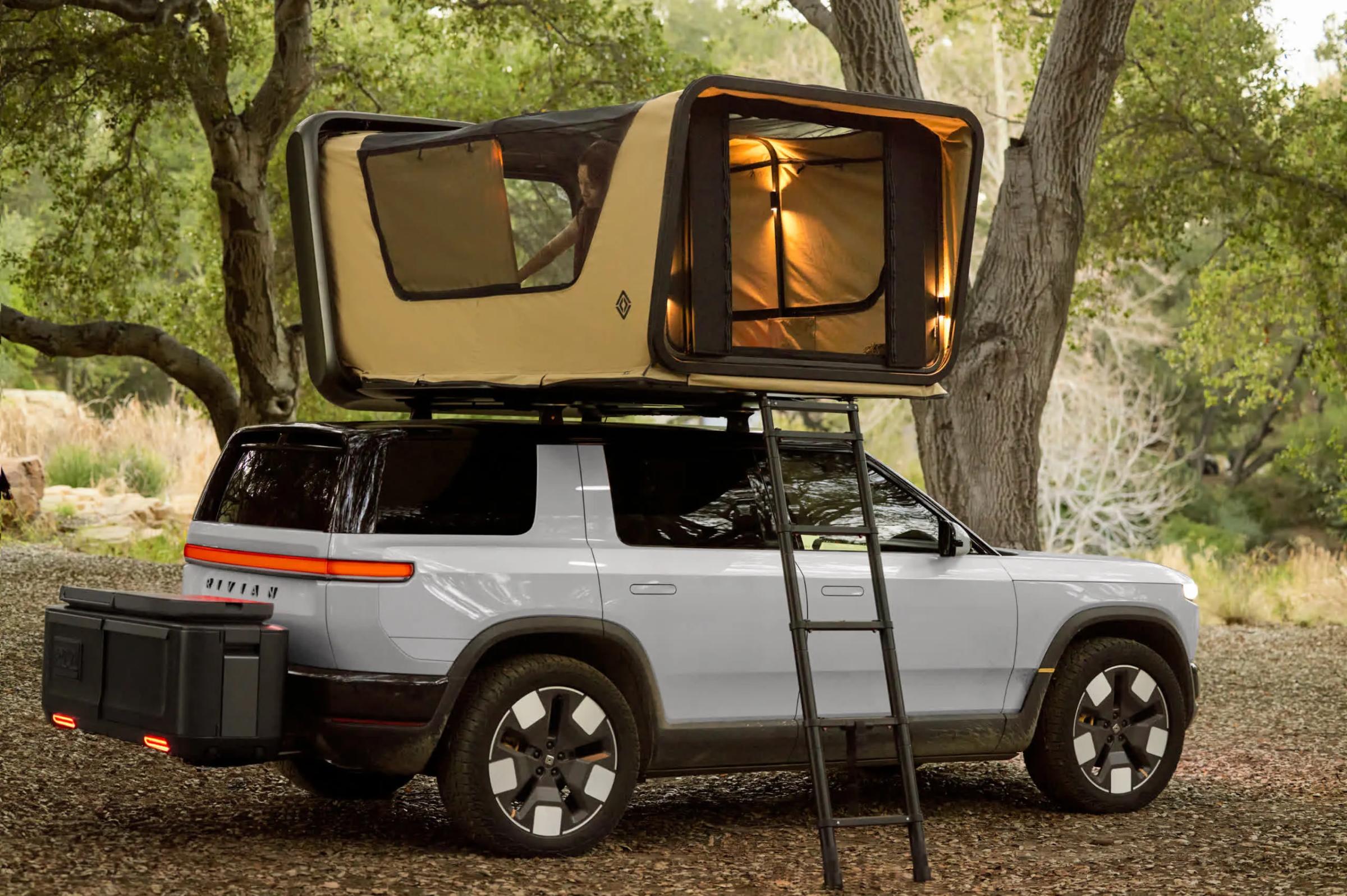 Rivian R2 with roof tent and ladder