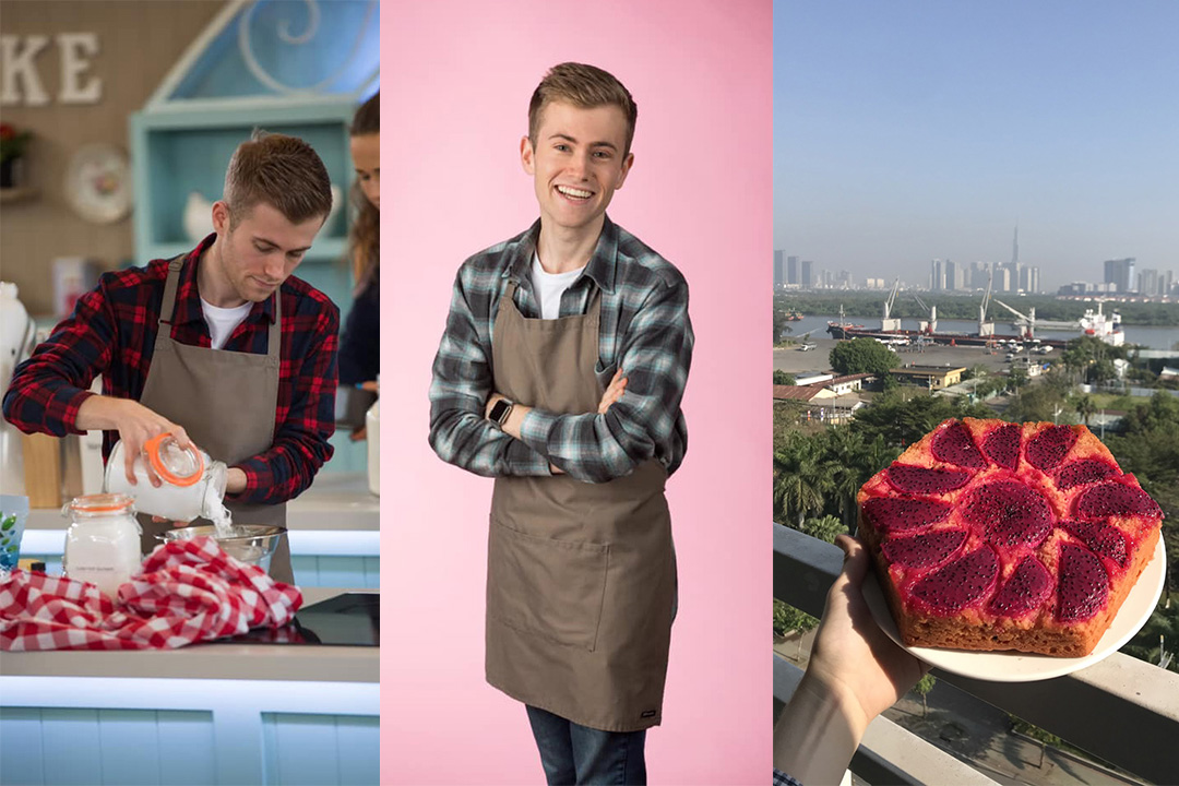 A montage of photos showing ethan pouring flour, wearing an apron and holding a cake
